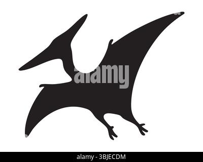 Black silhouette of flying Pteranodon with long wings and head crest, isolated on white background, graphic illustration. Concept of prehistoric ptero Stock Vector