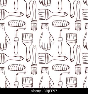 Seamless pattern with line art painting tools including brush, paint roller and gloves. Perfect for construction wallpaper packaging or renovation Stock Vector
