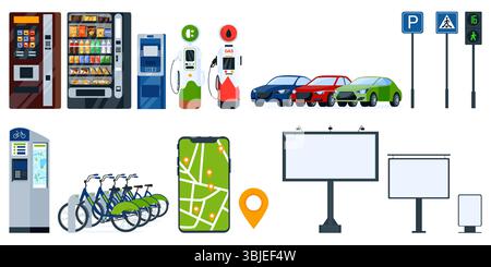 Urban infrastructure vector icons. City tech design elements including ATM, vending machine, car sharing, bike rental, EV charging station, and ad bil Stock Vector