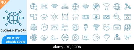 Global Network line editable icon set. Global networking icon set. Editable stroke. Vector illustration Stock Vector