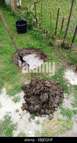 A diligent worker carefully digs a hole in the ground, specifically for purposes such as planting or construction Stock Photo