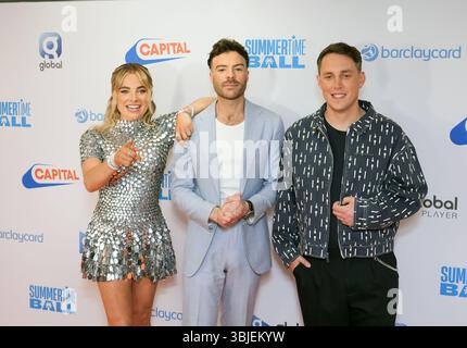 Sian Welby, Jordan North and Chris Stark backstage during Capital's Summertime Ball with Barclaycard, at Wembley Stadium, London. Picture date: Sunday June 15, 2025. Stock Photo