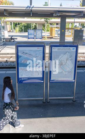 ZURICH, SWITZERLAND, JUL 30 2020, A train station platform featuring informational signage, depicting  map of railway station and transportation route Stock Photo