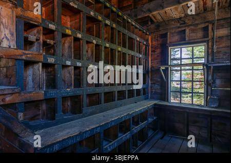 Interior of an abandoned company store building at a coal mine at Nordegg, Alberta, Canada Stock Photo