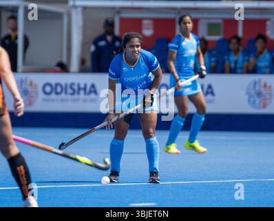 UK. 15th June, 2025. Lee Valley Hockey and Tennis Centre, London, 15th June 2025: Neha (32 Midfielder - India) watches during the match between India Women and Australia Women in the FIH Pro League at Lee Valley Hockey and Tennis Centre, London, England on Saturday 15th June 2025. (Claire Jeffrey/SPP) Credit: SPP Sport Press Photo. /Alamy Live News Stock Photo
