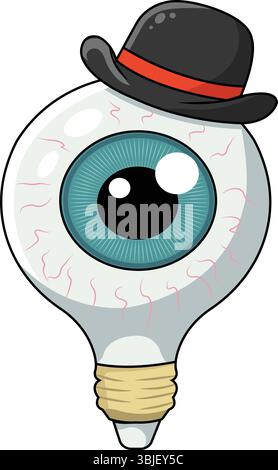 Cartoon illustration of a quirky eyeball character shaped like a lightbulb, wearing a black bowler hat with a red band. Stock Vector