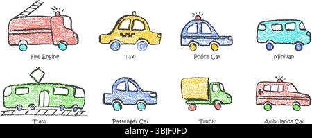 Colorful vector set of crayon-drawn vehicles including police, passenger car, ambulance, truck, convertible, and school bus. Wax pastel squiggles with Stock Vector