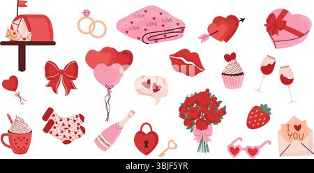 A collection of romantic Valentine's Day  love symbols. Cute hearts, roses, gifts, balloons, chocolates, wine glasses, and other love-themed objects. Stock Vector