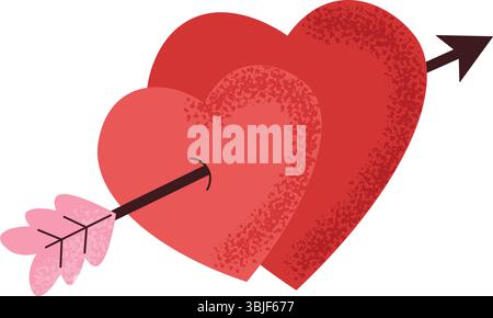 Two stylized red hearts pierced by arrow. Symbol of love, great for Valentine's Day cards. Vector illustration Stock Vector