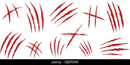 Set of red claws scratches animals. Four scratches shape. Wild animal claw marks. Funny design element. Vector illustration Stock Vector