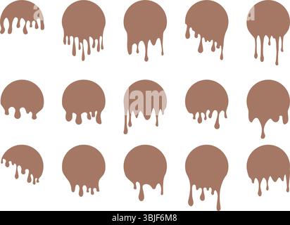 Set of drip circle labels. Paint drip stickers. Brown paint liquid. Brown inkblot. Mocha Mousse. Vector illustration Stock Vector