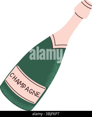 Minimalistic illustration of a champagne bottle for celebrations Valentine's Day, party and birthday.. Romantic and elegant drink symbol. Vector illus Stock Vector