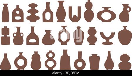 Big set of abstract vase silhouettes in brown. Various modern, geometric pottery designs. Cozy home decor handmade boho. Vector  illustration Stock Vector
