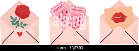 Romantic elements set. Envelopes with ticket, rose and kiss notification. Message in love concept. Vector illustration Stock Vector