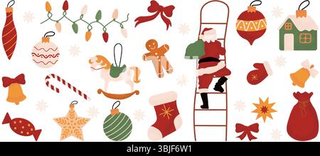 Large set of Christmas tree baubles and decorations. Collection of beautiful decorative toys. Christmas ornaments. Vector illustration Stock Vector