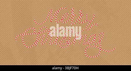 Merry Christmas candy cane text effect. Stripeds red white letters.  Xmas decoration. Vector illustration Stock Vector