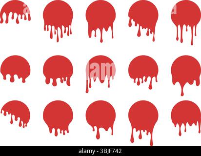 Set of blood drip circle labels. Paint drip stickers. Red paint liquid. Red inkblot. Blood stainsVector illustration Stock Vector