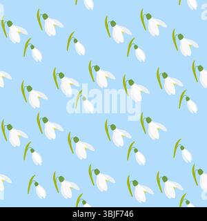 Seamless snowdrops floral pattern featuring delicate white flowers on a blue background. Ideal for textile design, packaging, wallpaper. Vector illust Stock Vector