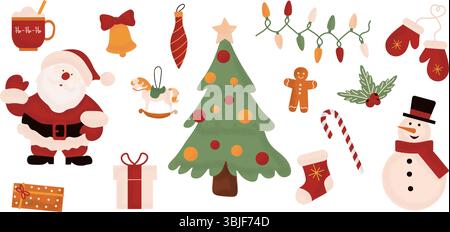 Set of holiday Christmas design elements. Collection of beautiful decorative elements with Santa, presents, fur tree, wreaths. Vector illustration Stock Vector