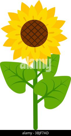 Elegant illustration of a vibrant sunflower with a detailed center and lush green leaves. Perfect for nature-themed designs, floral compositions, eco- Stock Vector