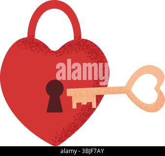 Stylized red heart lock with key, grunge texture. Element for Valentine's day concept. Love icon. Symbol of love and security. Vector illustration Stock Vector