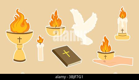 Set of stickers Pentecost Sunday elements dove of peace, flames of the Holy Spirit, Bible, burning candles, chalice, and open hand. Vector illustratio Stock Vector