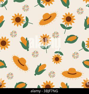 Seamless pattern with sunflowers, corn cobs, straw hats and festive fireworks. A cheerful rural-themed design for autumn festivals, harvest celebratio Stock Vector