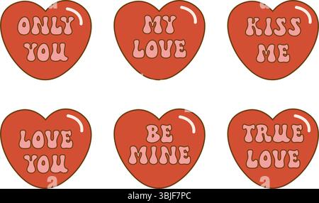 Set of six red cartoon hearts with love-themed messages, perfect for Valentine's Day designs. Groovy trendy retro 60s 70s style. Vector illustration Stock Vector