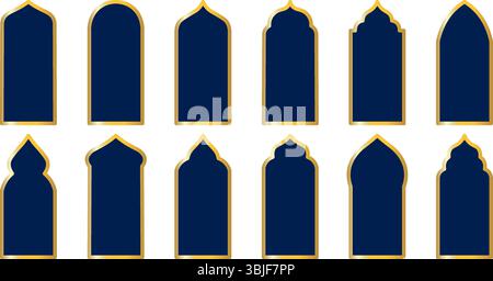 Set of shape in dark blue with gold borders.  Elegant Arabic, Moroccan and Persian ornamental elements. For Ramadan, Eid Mubarak, and Islamic design p Stock Vector