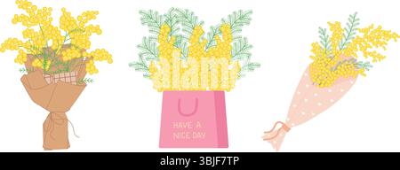 Set of Mimosa Bouquets. Spring Yellow Flowers Collection. Floral illustration in a soft, elegant style for spring holidays. Vector illustration Stock Vector