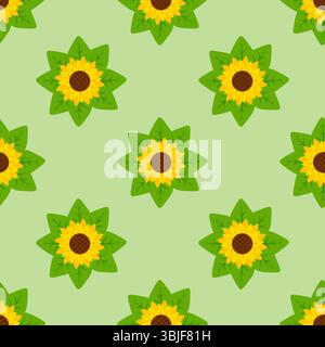 Seamless sunflower pattern with green leaves on green background.  Perfect for summer textiles, wrapping paper, wallpapers, and nature-themed designs. Stock Vector