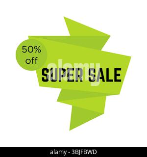 Green super sale sticker with text in origami style. Sale label template. Vector illustration Stock Vector