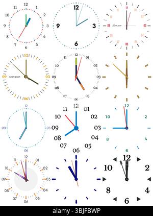 A set of different mechanical clocks with an image of each of the twelve hours. Clock face on white background. Stock Vector