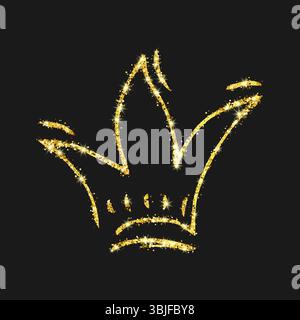Gold glitter hand drawn crown. Simple graffiti sketch queen or king crown. Royal imperial coronation and monarch symbol isolated on dark background. V Stock Vector