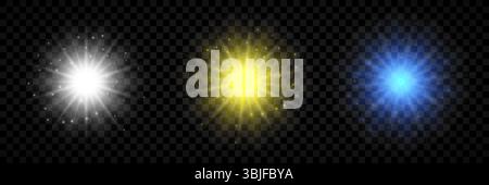 Light effect of lens flares. Set of three white, yellow and blue glowing lights starburst effects with sparkles on a transparent background. Vector il Stock Vector