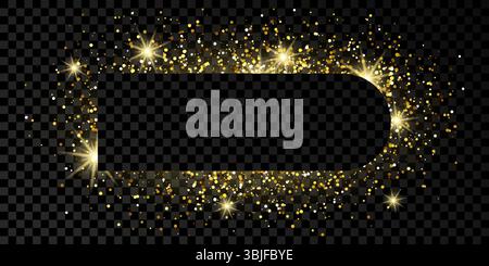 Golden frame with glitter, sparkles and flares on dark transparent  background. Empty luxury backdrop. Vector illustration. Stock Vector