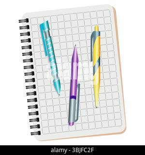 Notebook,  blue  pen, purple pen and yellow pen on a white background Stock Vector