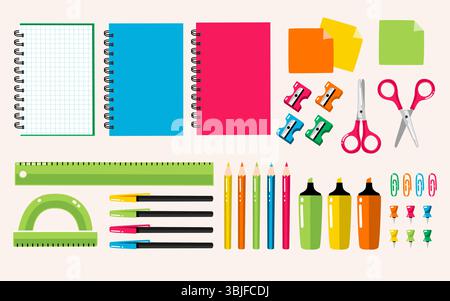 Cute school supplies in flat design style, perfect for banner designs, social media composition, prints and crafting projects. A total of 36 items. Ve Stock Vector