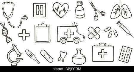 Cute hand-drawn Medicine Doodle Icons, perfect for blogs, social media, prints and crafting projects. A total of 20 icon designs. Vector illustration. Stock Vector