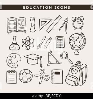 Cute hand-drawn education doodle Icons, perfect for sticker designs, prints and crafting projects. 21 icon designs. Vector illustration. Stock Vector