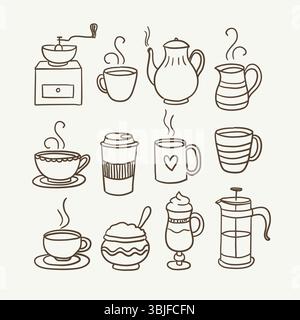 Cute hand-drawn coffee and tea doodle set, perfect for decorating surfaces, cooking recipes, prints and crafting projects. A total of 12 designs. Vect Stock Vector