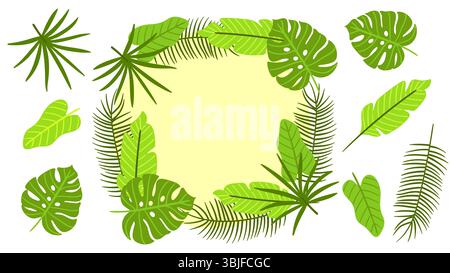 Cute hand-drawn tropical frame and isolated leaves, perfect for sticker design, decorating surfaces, prints and crafting projects. A total of 8 items. Stock Vector