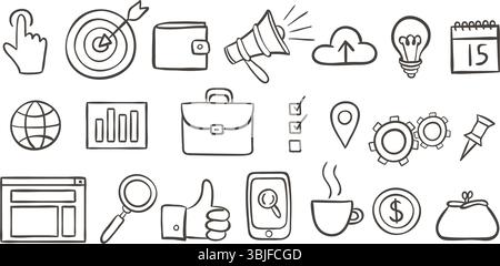 Cute hand-drawn SEO Marketing Doodle Icons, perfect for blogs, social media, prints and crafting projects. A total of 21 icon designs. Vector illustra Stock Vector