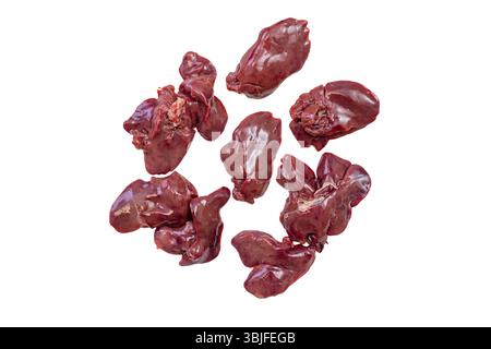 Poultry raw liver pieces scattered and isolated on white Stock Photo