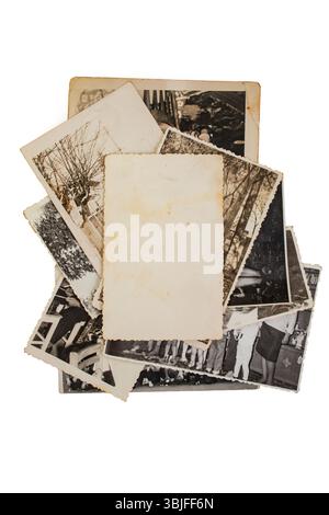 Stack old photos with blank copy space , isolated on white background. abstract textured backdrop, Stock Photo