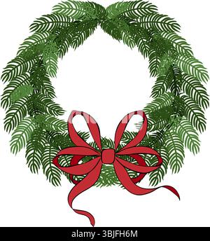 Christmas tree wreath. pine tree branches with red bow and ribbons. composition isolated. Vector graphic line ink illustration. Decoration for holiday Stock Vector