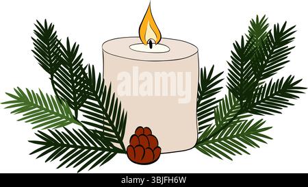 Candle surrounded by evergreen branches and red berries for festive decoration composition isolated. Vector graphic line ink illustration. Design for Stock Vector