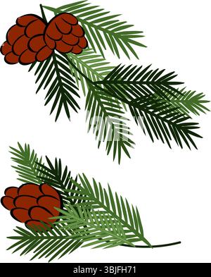 Christmas tree branches with pine cones set composition isolated. Vector graphic line ink illustration. Banner, poster, wrapping paper, sticker, print Stock Vector