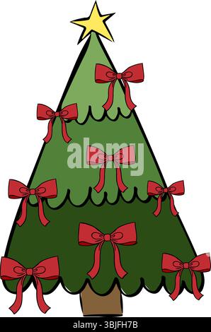 Christmas tree with red ribbons composition isolated. Vector graphic line ink illustration. New year and christmas greeting card or party invitation. Stock Vector