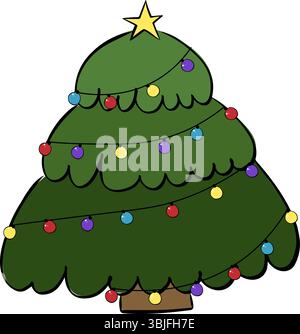 Christmas tree with colored lights composition isolated. Vector graphic line ink illustration. For poster, flyer, banner, invitation, social media, pa Stock Vector